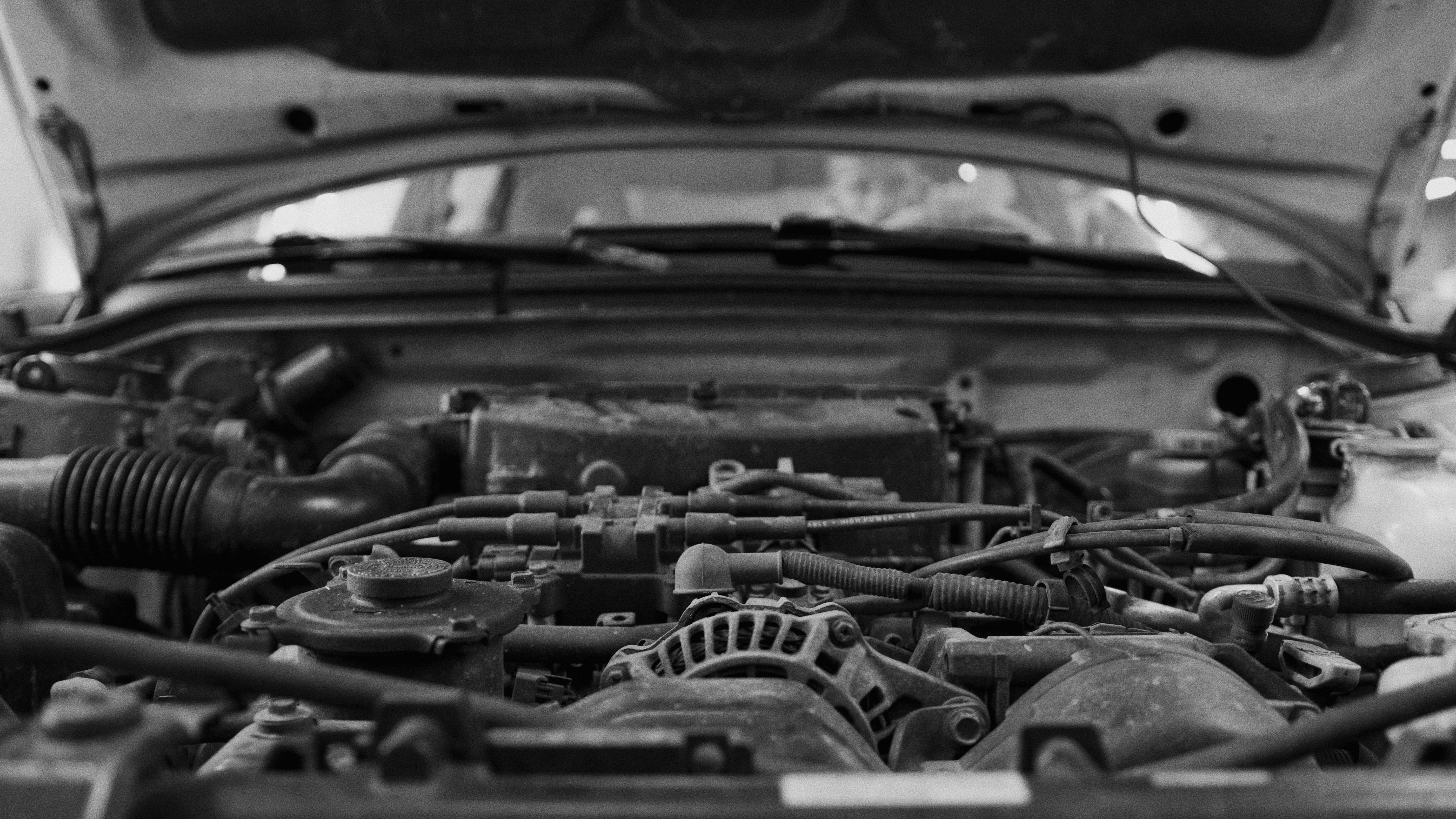 Engine bay in black and white